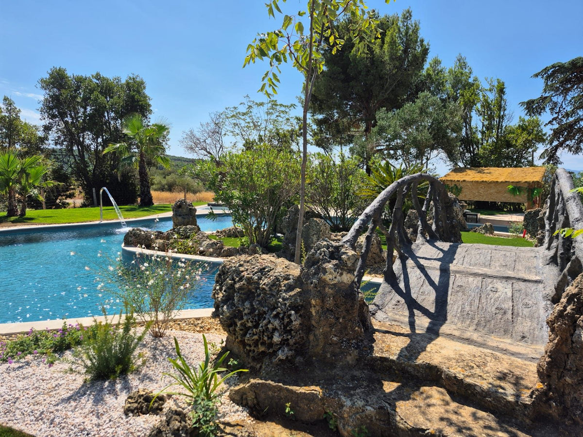 Passerelle en pierre au-dessus du bassin, parc du Château Réveillon à Bages