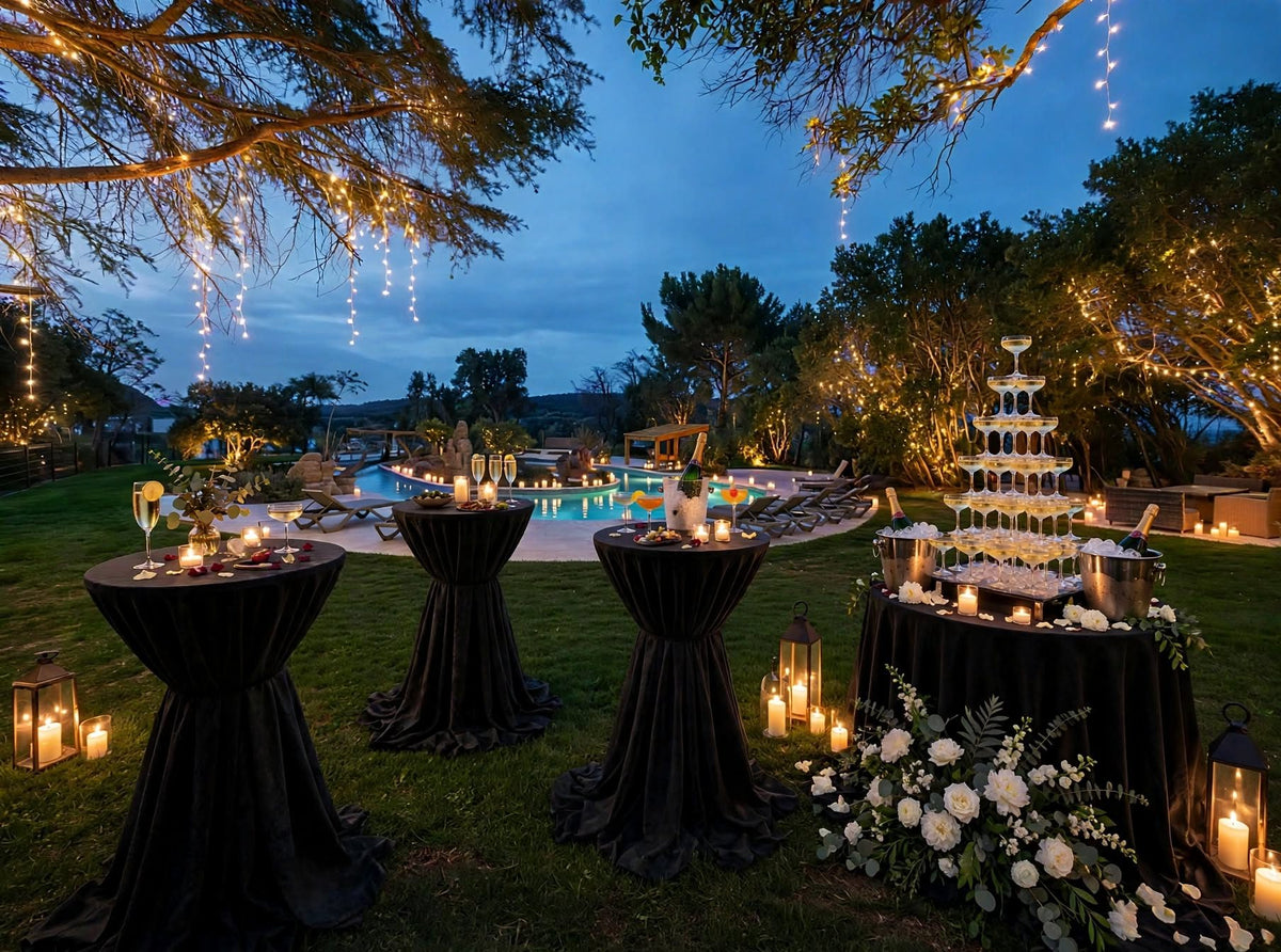 Réception de mariage en soirée dans le parc du Château Réveillon à Bages, tables hautes et guirlandes lumineuses