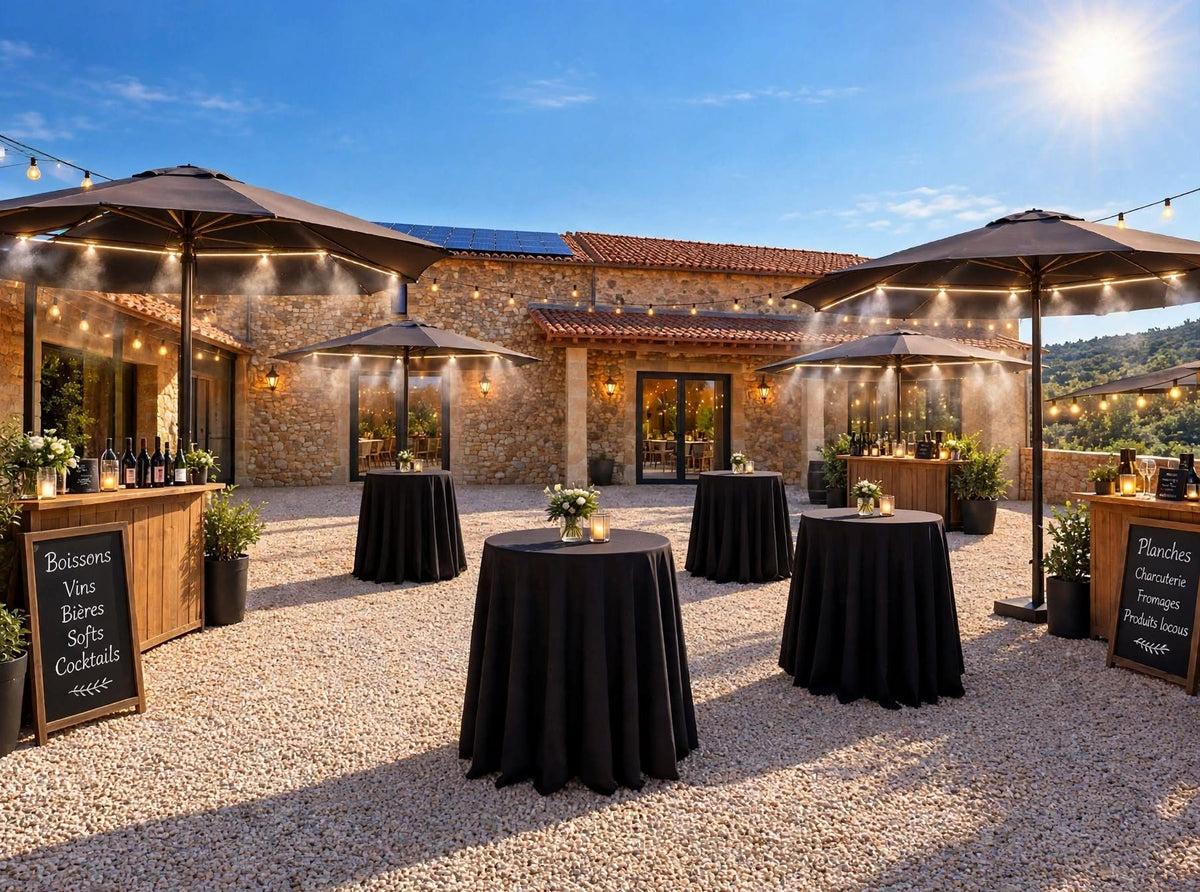 Terrasse du caveau illuminée en soirée pour une dégustation, Château Réveillon à Bages